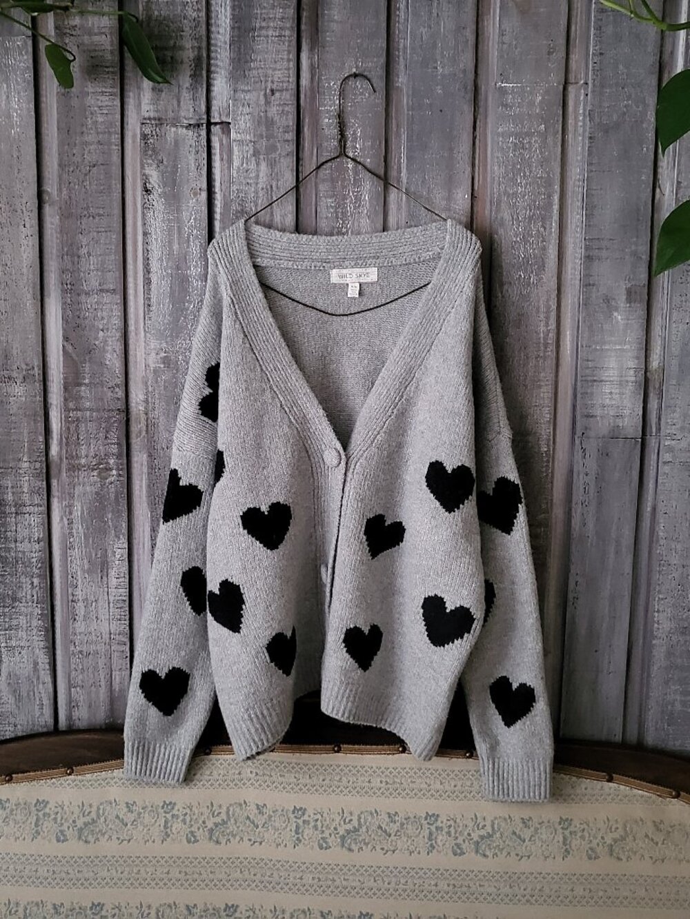 Wild Skye Gray Oversized Heart Cardigan Knit Button Up Sweater Medium NWOT